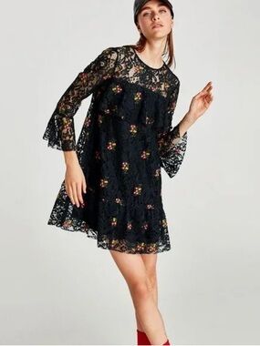 Zara Black Lace Mini Dress with Multicolor Floral Embroidery